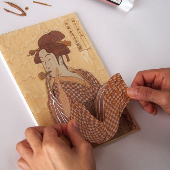 Young Woman Blowing a Glass Pipe Wooden Collage Art Kit - Kitagawa Utamaro Japanese woodblock print handicraft set - Japan Trend Shop